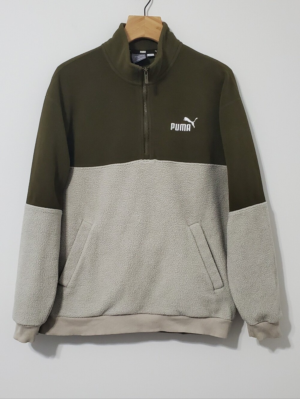 Puma Mens Retro Quarter Zip Sherpa Pullover Olive Cream Size Large